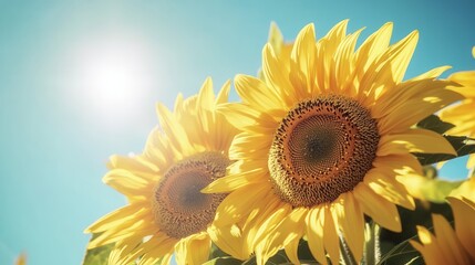 Poster - Bright sunflowers delight in the warm sunlight, creating a cheerful atmosphere against a stunning blue sky backdrop. Generative AI