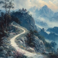 Sticker - Winding stone path leads to a mountaintop castle nestled among misty peaks.