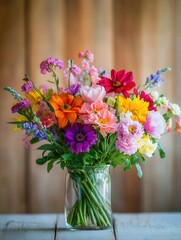 Poster - A vibrant bouquet filled with various flowers in a glass vase sits elegantly on a light wood table, adding charm to the setting. Generative AI