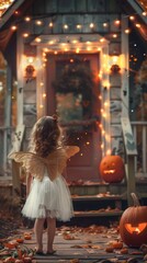 Little girl in witch costume standing in front of a decorated house. view from the back