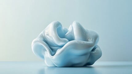 Poster - This fluffy, cloud-like sculpture features a smooth, reflective finish and is prominently displayed against a pale blue background, creating an abstract visual experience