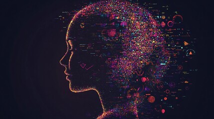 Canvas Print - Abstract image of a woman profile forming from colorful data illustrating artificial intelligence