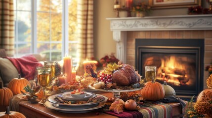 Wall Mural - Cozy Thanksgiving Feast in a Warm and Inviting Fireplace Setting