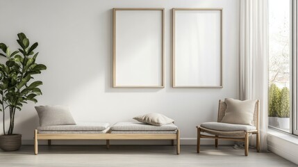 Poster - This Scandinavian-style living room showcases two empty vertical frames on a white wall, complemented by a minimalist seating area and bright natural light from the windows