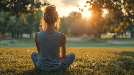 Poster - Woman sits in lotus pose in a park at sunset.