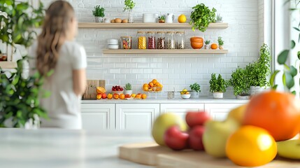 Sticker - Woman standing in a kitchen with a countertop full of fresh fruit.