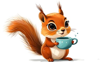 Wall Mural - Charming cartoon squirrel with a cup, ideal for playful childrens illustrations and delightful whimsical designs