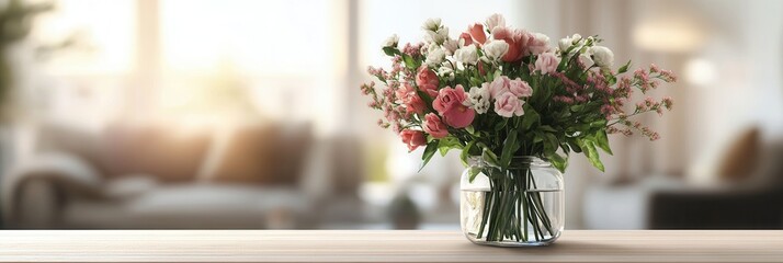 Poster - A colorful bouquet of mixed flowers sits elegantly in a glass vase on a light wood table, brightening the cozy living room. Generative AI