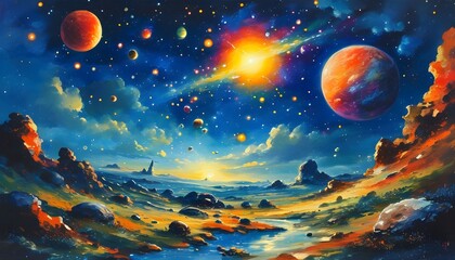 Wall Mural - Enchanting cosmic dreamscape featuring vibrant planets, dazzling suns, and twinkling stars illuminating a fantastical landscape at night.