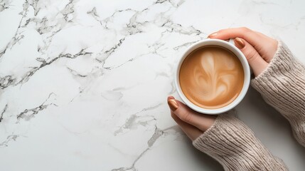 Sticker - Woman's hands in a cozy sweater holding a cup of coffee on a marble background.