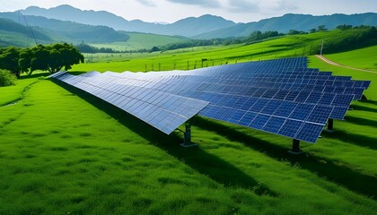 Vibrant green field adorned with solar panels, capturing sunlight and promoting a sustainable future under a clear blue sky