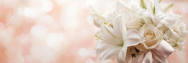 Aufkleber - Delicate white roses and lilies are elegantly arranged, tied with a silk ribbon, set against a soft and blurred pastel backdrop. Generative AI