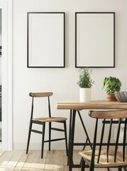 Minimalist dining room interior with two blank picture frames, wooden table and chairs. Mockup.