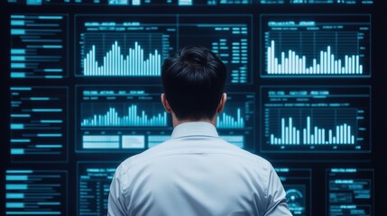 Poster - Man analyzing data on digital screens in a modern workspace.