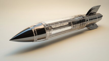 Poster - A sleek, transparent model of a futuristic rocket is displayed prominently against a minimalist backdrop, highlighting its detailed craftsmanship and innovative design features.