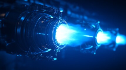 Poster - A cutting-edge engine emits vibrant blue plasma jets, showcasing advanced technology. The dynamic display creates an intense atmosphere, highlighting the powerful energy sources in its design.