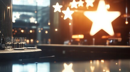 Poster - A beautifully arranged table with glasses awaits guests in a contemporary restaurant adorned with glowing star decorations. The atmosphere is warm and inviting, perfect for an evening out.