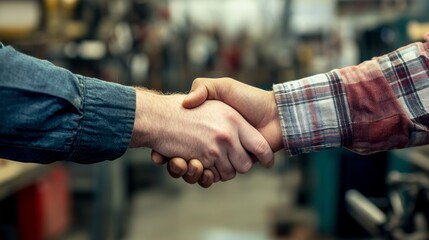 In a bustling workshop, two workers engaged in a handshake symbolize collaboration and teamwork amidst various tools and equipment in the background