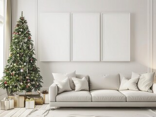 Christmas interior mockup with blank three frames on the wall. of a living room with a Christmas tree and gifts.