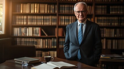 Fototapete - The professor, dressed in a suit, poses confidently in a study surrounded by shelves of books, exuding knowledge and authority. Generative AI