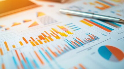 Poster - Charts and graphs filled with vibrant colors lay out detailed business data on a desk, showcasing an analysis process in a dynamic workspace
