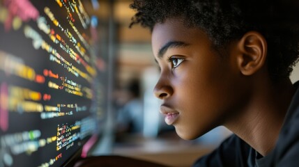 Poster - A young Black student is immersed in coding at a computer, intently examining colorful lines of digital code in a bright and engaging classroom setting