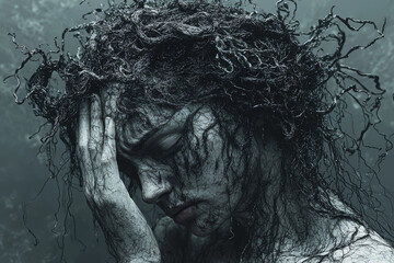 Aufkleber - a person holding their head, surrounded by chaotic thoughts represented as scribbles. concept of ove