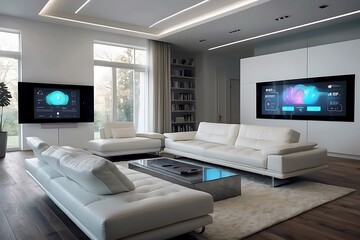 Modern Smart living room interior with innovative technology maintaining connections.