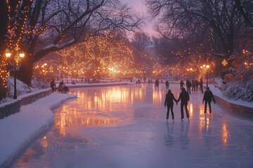 Sticker - A group of people ice skating on a frozen pond, surrounded by snow-covered trees and Christmas lights. Concept of winter activities.