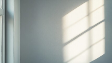 Poster - Gentle sunlight filters through a window, casting soft shadows on a blank wall, evoking a peaceful and serene ambiance in the indoor setting