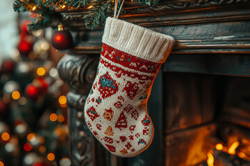 Sticker - A Christmas stocking filled with small toys and candy, hanging from the mantel. Concept of tradition.