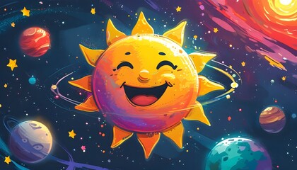 Whimsical cartoon sun grinning joyfully among vibrant stars and planets in a cosmic celebration