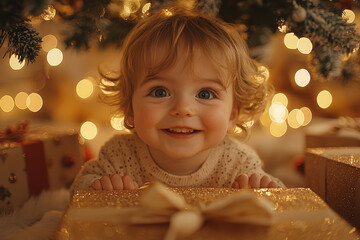 Poster - A child opening presents under the tree on Christmas morning, their face filled with excitement. Concept of happiness.