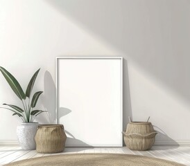 Minimalist interior design with an empty frame mockup, two wicker baskets, and a plant in a white pot on a white wall background. 3D Rendering.