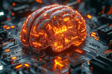 Canvas Print - A brain displayed as a hologram above a circuit board, representing the blending of biological and digital intelligence. Concept of neuroscience and technology.