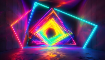 Futuristic neon geometric shapes in vibrant colors radiating dynamic energy in an abstract cosmic landscape