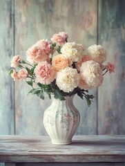 Poster - Beautiful roses and carnations are artfully arranged in a vintage vase, enhancing the charm of an antique wooden table. Generative AI