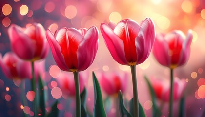 Vibrant pink and red tulips in full bloom with a dreamy bokeh backdrop, capturing the essence of spring and the beauty of nature.