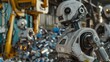© Sam - A close-up of a white robot in a factory setting, with a pile of metal parts in the background.