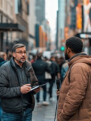 Wall Mural - A journalist interviews an expert amidst the hustle and bustle of a city street, capturing lively urban energy and engagement. Generative AI