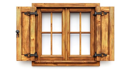 Poster - Wooden casement window with decorative strap hinges isolated on white background 