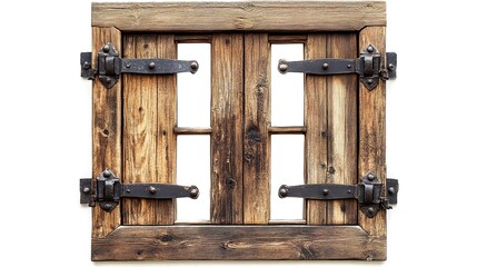 Poster - Wooden casement window with decorative strap hinges isolated on white background  