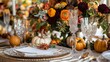 © Elmira - A beautifully arranged fall wedding table displays decorative pumpkins and seasonal blooms, creating a warm and inviting atmosphere for the celebration