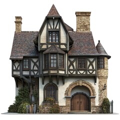 Poster - Photorealistic tudor house 3d model - isolated on white background. Tudor Architecture. Illustration  