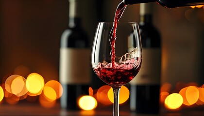 Wall Mural - Elegant red wine pouring into a glass on a table adorned with shimmering bokeh lights