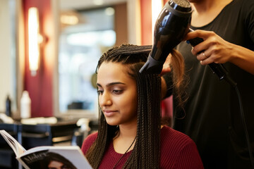 Gorgeous indian young woman getting her hair blow dried at a salon