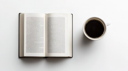 Sticker - Open book on a white table next to a cup of coffee.  