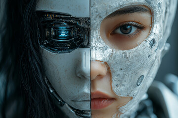 Aufkleber - A person with half their face as a human, and the other half as a robotic mask, symbolizing the merging of mind and machine. Concept of AI and humanity.