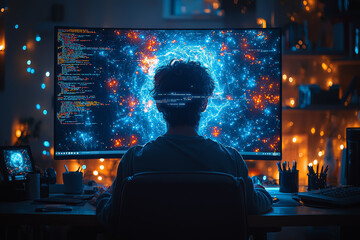 Poster - a person sitting in front of a computer, with lines of code projecting out of their brain like thoug