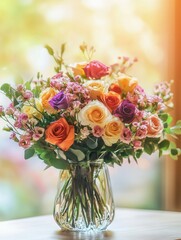 Poster - A beautiful bouquet featuring a mix of roses and smaller flowers displayed in a glass vase atop a light wood table, exuding charm. Generative AI